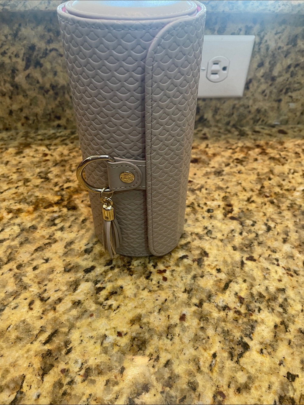 Taupe Textured Faux-Leather Travel Jewelry Case with Tassel